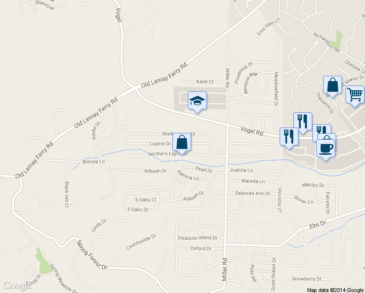 map of restaurants, bars, coffee shops, grocery stores, and more near 3140 Lupine Drive in Arnold