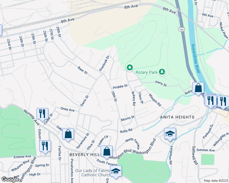 map of restaurants, bars, coffee shops, grocery stores, and more near 1304 28th St in Huntington