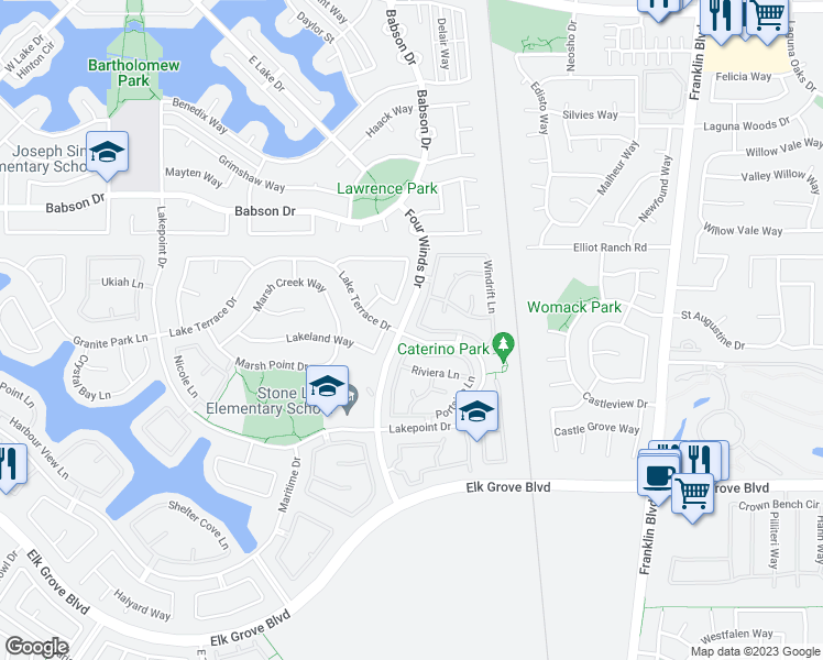 map of restaurants, bars, coffee shops, grocery stores, and more near 9436 Windrunner Lane in Elk Grove