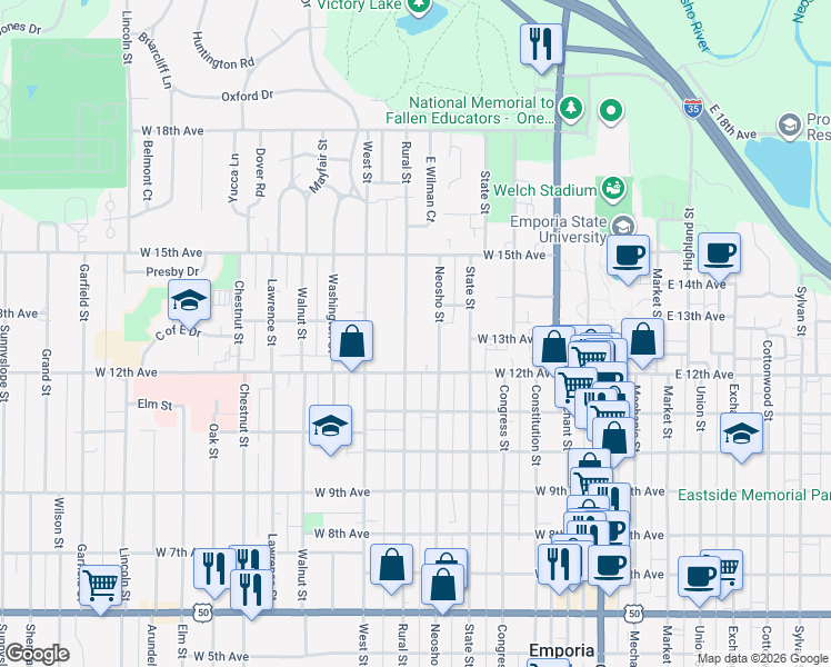 map of restaurants, bars, coffee shops, grocery stores, and more near 1228 Rural St in Emporia