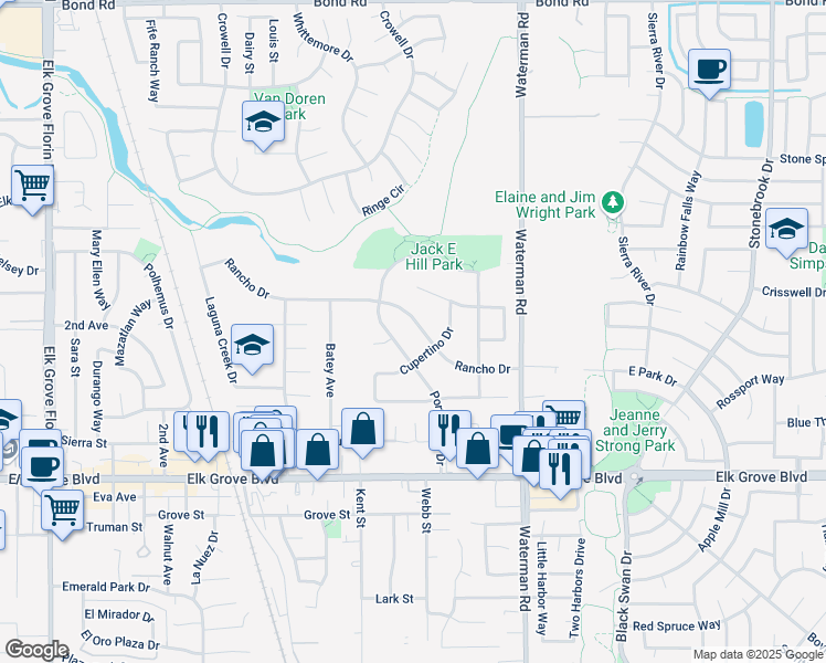 map of restaurants, bars, coffee shops, grocery stores, and more near 9222 Rancho Dr in Elk Grove