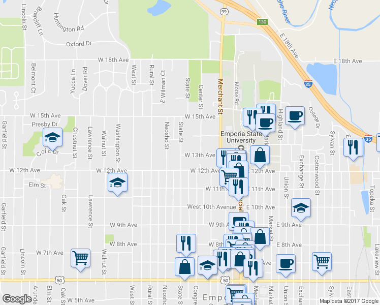 map of restaurants, bars, coffee shops, grocery stores, and more near 316 West 13th Avenue in Emporia