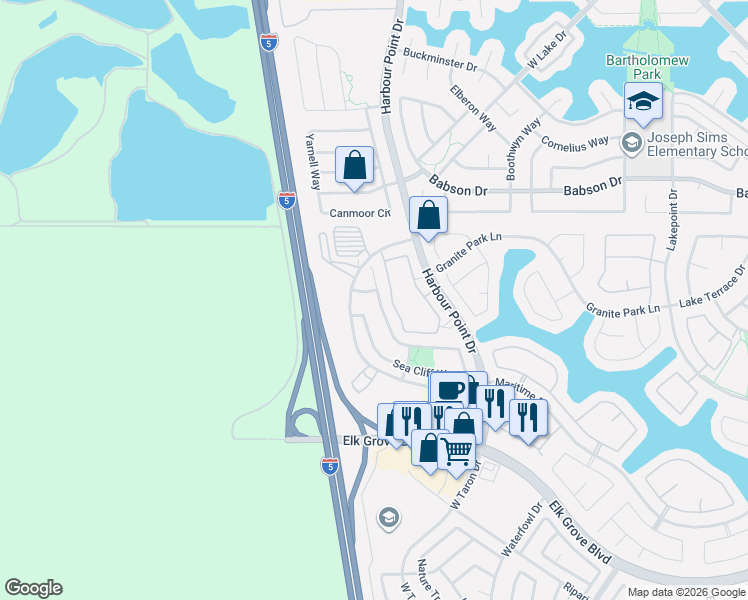 map of restaurants, bars, coffee shops, grocery stores, and more near 9664 Sea Cliff Way in Elk Grove
