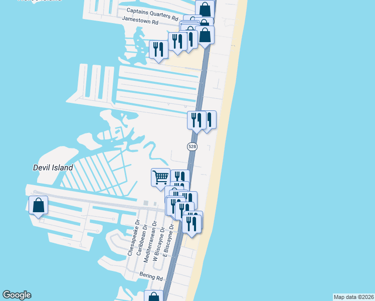 map of restaurants, bars, coffee shops, grocery stores, and more near 10003 Coastal Highway in Ocean City