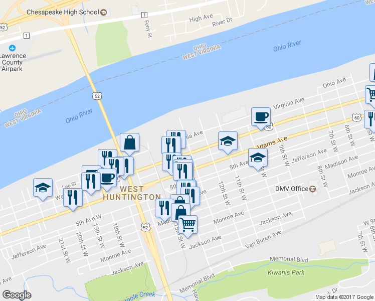 map of restaurants, bars, coffee shops, grocery stores, and more near 1302 Washington Ave in Huntington