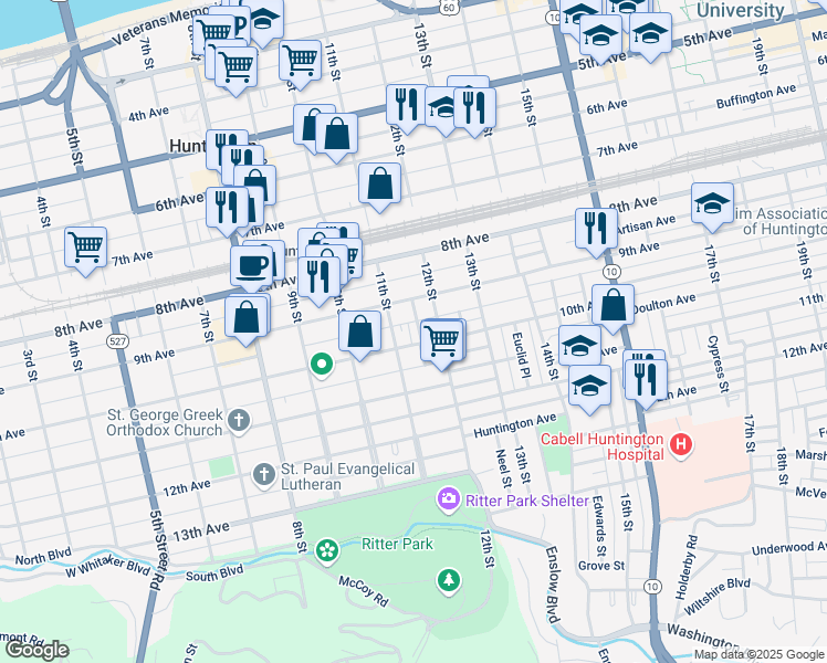map of restaurants, bars, coffee shops, grocery stores, and more near 928 Eutaw Place in Huntington