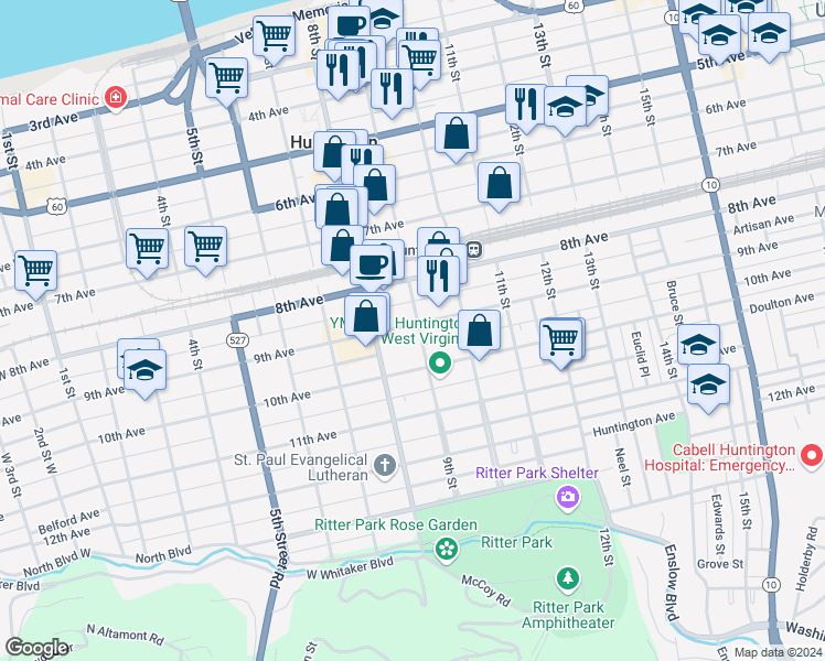 map of restaurants, bars, coffee shops, grocery stores, and more near 900 9th Avenue in Huntington