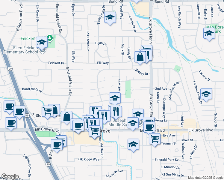 map of restaurants, bars, coffee shops, grocery stores, and more near 8770 Cling Court in Elk Grove