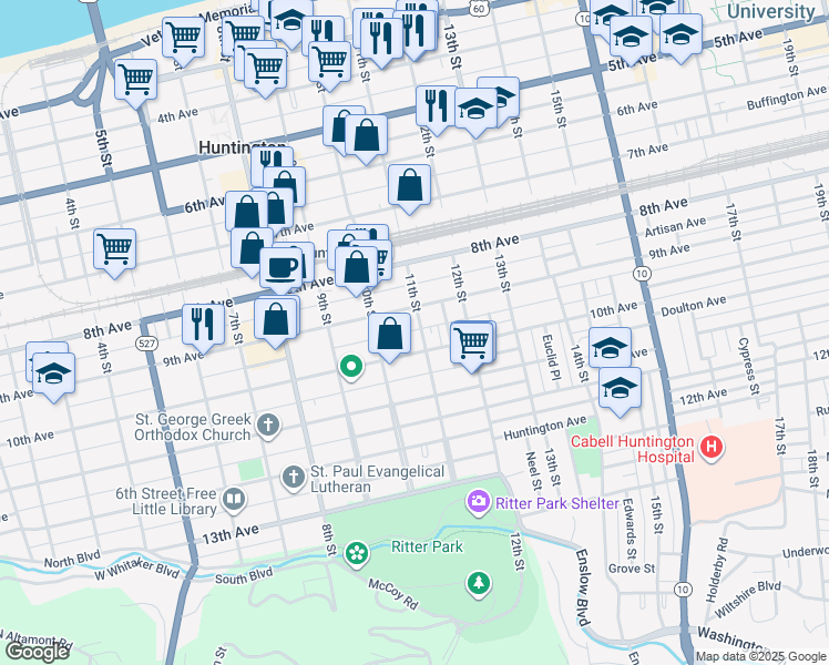 map of restaurants, bars, coffee shops, grocery stores, and more near 921 11th St in Huntington