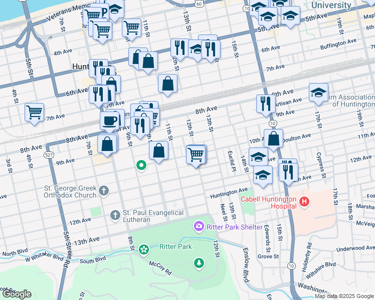 map of restaurants, bars, coffee shops, grocery stores, and more near 928 Eutaw Place in Huntington