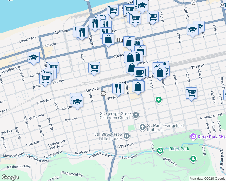 map of restaurants, bars, coffee shops, grocery stores, and more near 815 6th Street in Huntington