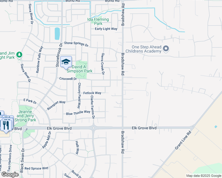 map of restaurants, bars, coffee shops, grocery stores, and more near 9656 Glacier Creek Way in Elk Grove