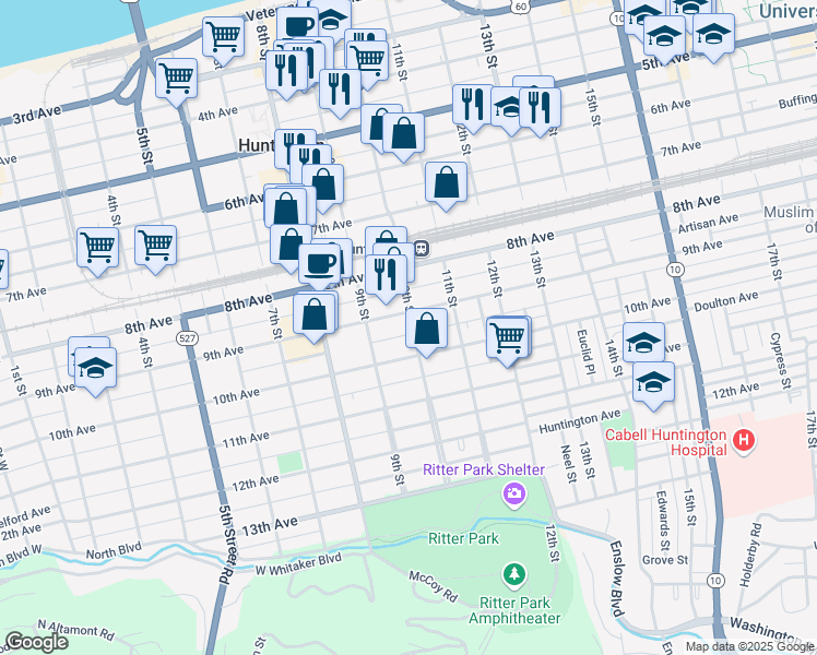 map of restaurants, bars, coffee shops, grocery stores, and more near 915 10th Street in Huntington