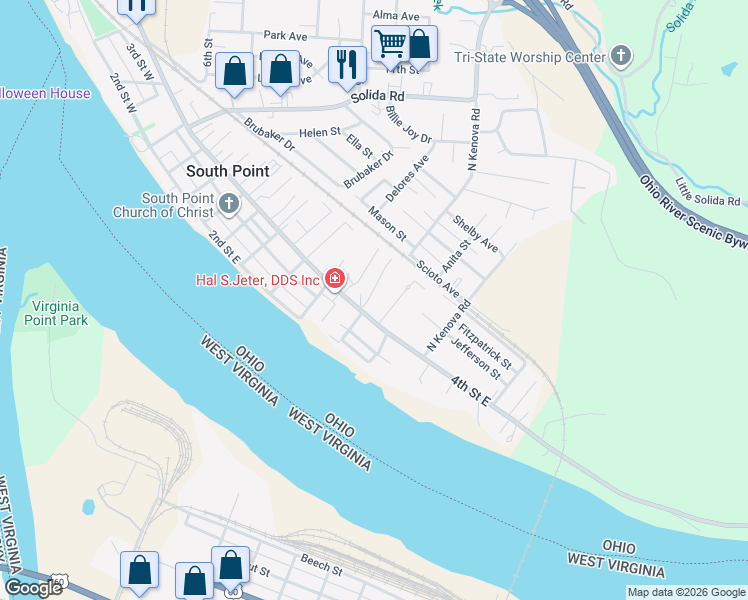 map of restaurants, bars, coffee shops, grocery stores, and more near 107 Garden Court in South Point