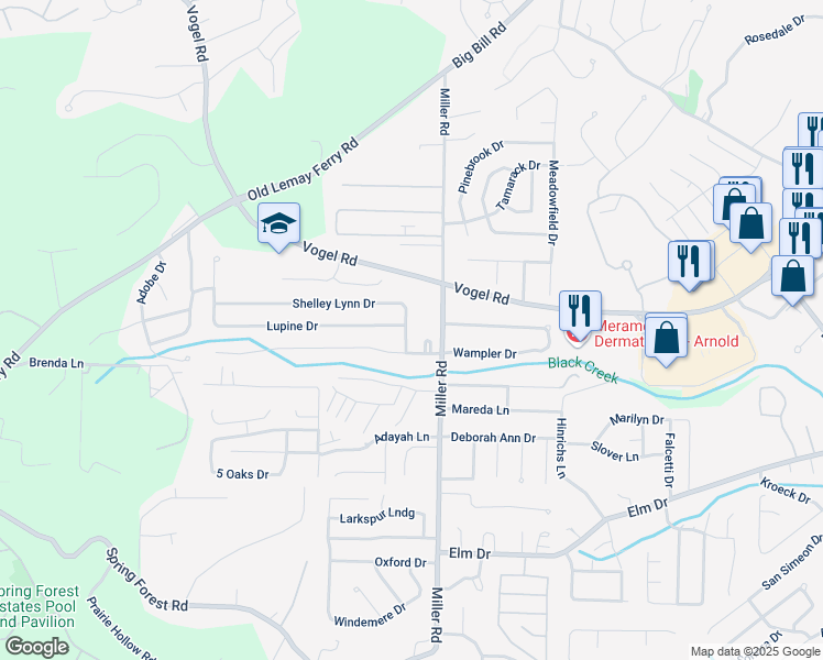 map of restaurants, bars, coffee shops, grocery stores, and more near 2915 Shelley Lynn Drive in Arnold
