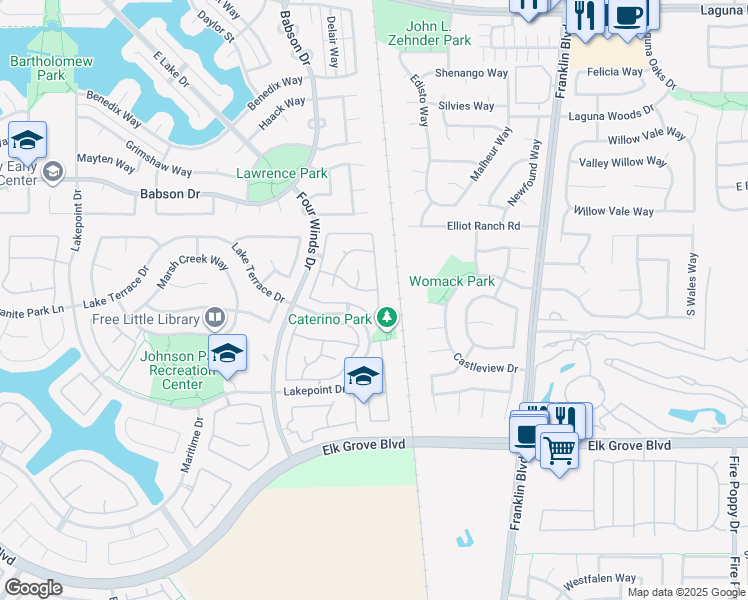 map of restaurants, bars, coffee shops, grocery stores, and more near 9488 Windrift Lane in Elk Grove