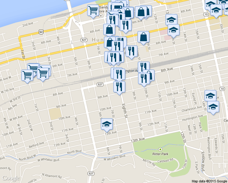 map of restaurants, bars, coffee shops, grocery stores, and more near 726 9th Avenue in Huntington