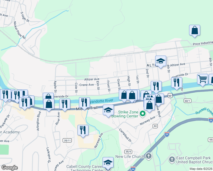 map of restaurants, bars, coffee shops, grocery stores, and more near 3725 Crane Avenue in Huntington