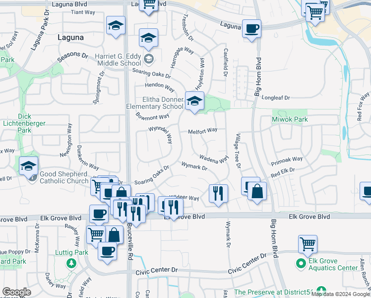 map of restaurants, bars, coffee shops, grocery stores, and more near 9533 Soaring Oaks Drive in Elk Grove