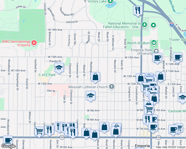 map of restaurants, bars, coffee shops, grocery stores, and more near 1236 Washington St in Emporia