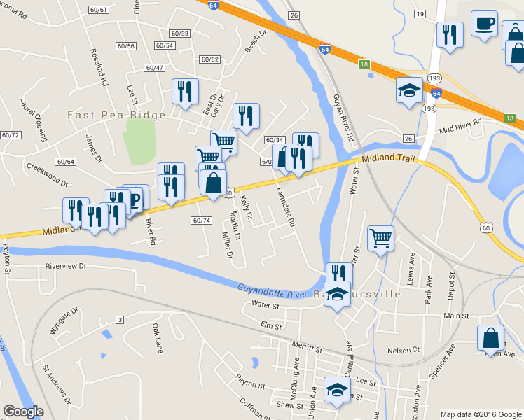 map of restaurants, bars, coffee shops, grocery stores, and more near 128 Sunny Drive in Barboursville