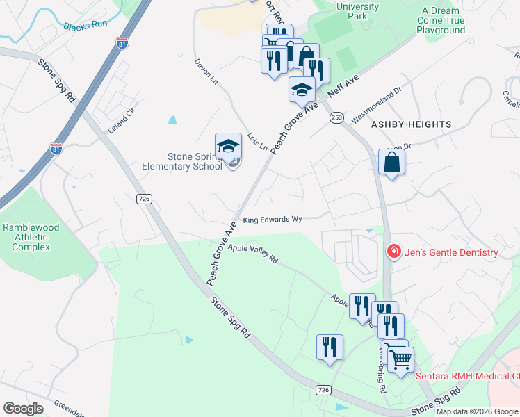 map of restaurants, bars, coffee shops, grocery stores, and more near 1590 Kramer Court in Harrisonburg