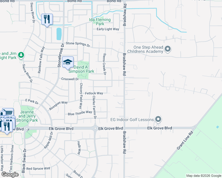 map of restaurants, bars, coffee shops, grocery stores, and more near 9656 Glacier Creek Way in Elk Grove