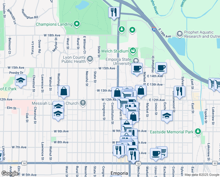 map of restaurants, bars, coffee shops, grocery stores, and more near 206 West 13th Avenue in Emporia