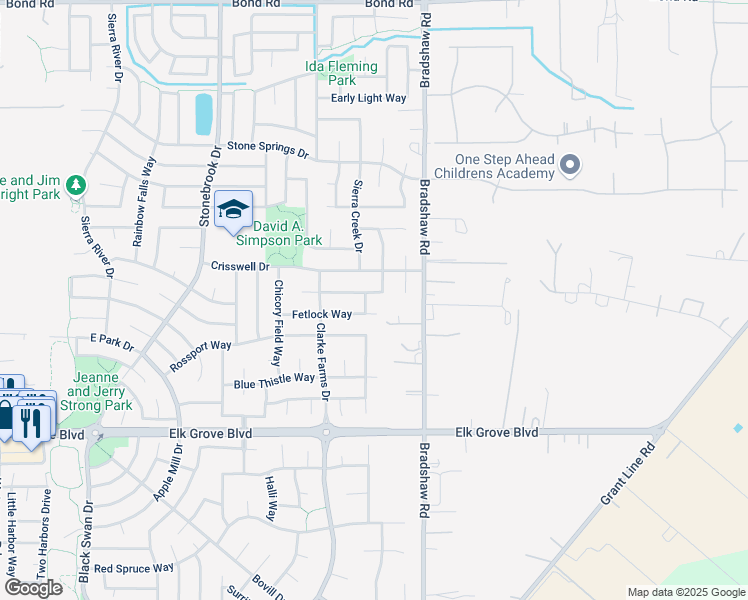map of restaurants, bars, coffee shops, grocery stores, and more near 9656 Glacier Creek Way in Elk Grove