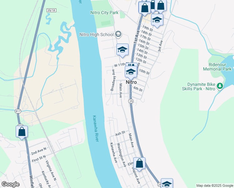 map of restaurants, bars, coffee shops, grocery stores, and more near 105 Lock St in Nitro