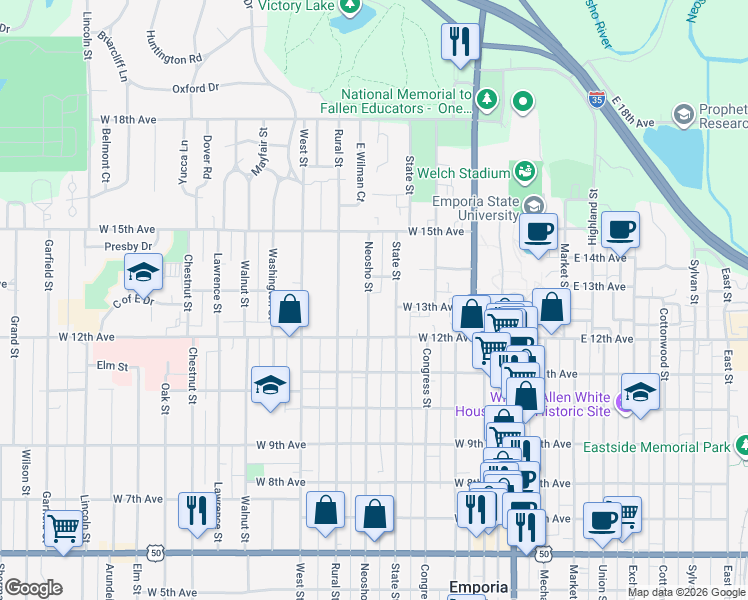 map of restaurants, bars, coffee shops, grocery stores, and more near 1302 Neosho Street in Emporia