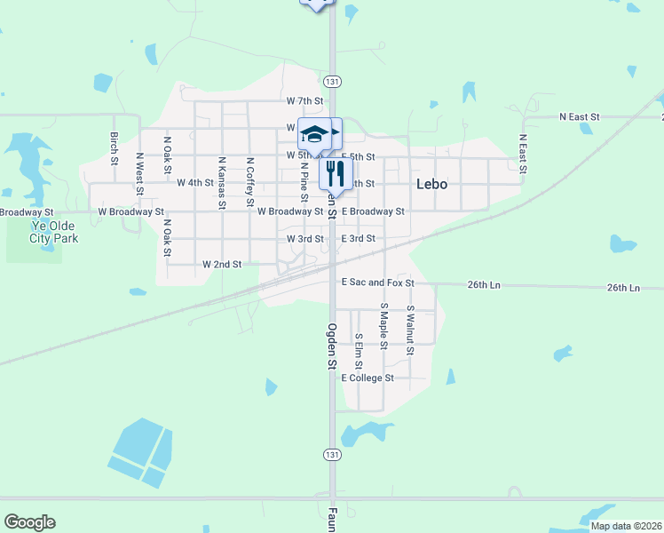 map of restaurants, bars, coffee shops, grocery stores, and more near 4 South Ogden Street in Lebo