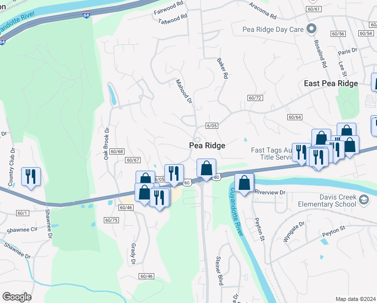 map of restaurants, bars, coffee shops, grocery stores, and more near 5826 East Pea Ridge Road in Huntington