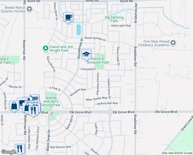 map of restaurants, bars, coffee shops, grocery stores, and more near 9469 Chicory Field Way in Elk Grove