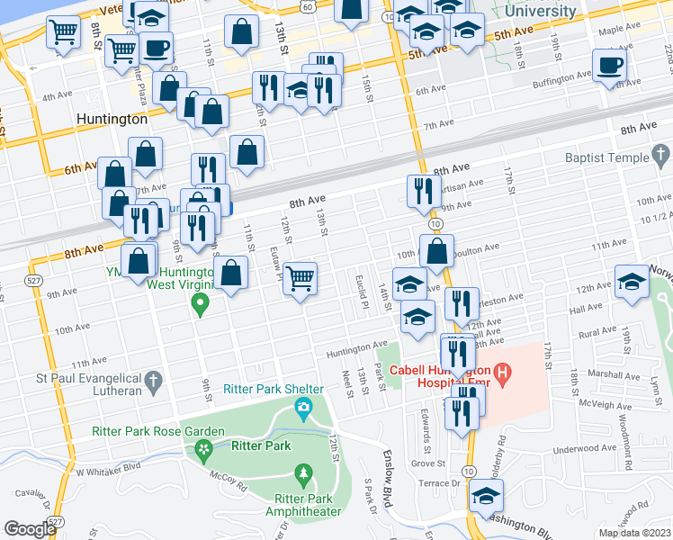 map of restaurants, bars, coffee shops, grocery stores, and more near 1302 10th Avenue in Huntington