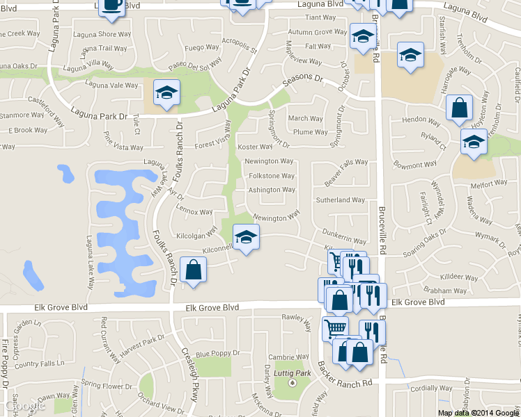 map of restaurants, bars, coffee shops, grocery stores, and more near 6816 Rockledge Circle in Elk Grove
