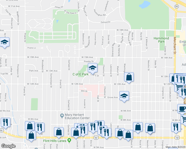 map of restaurants, bars, coffee shops, grocery stores, and more near 1272 C of East Drive in Emporia