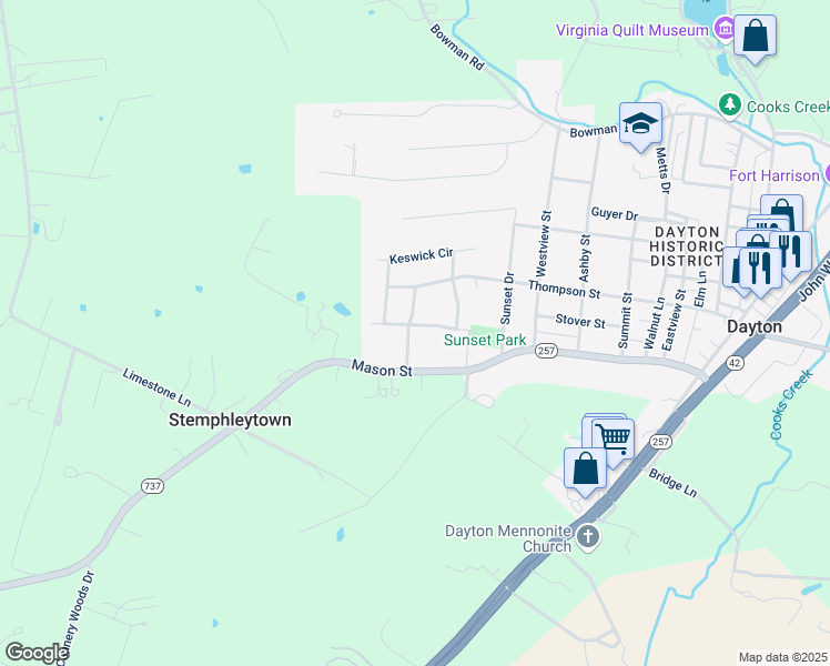 map of restaurants, bars, coffee shops, grocery stores, and more near Stonecroft Drive in Dayton