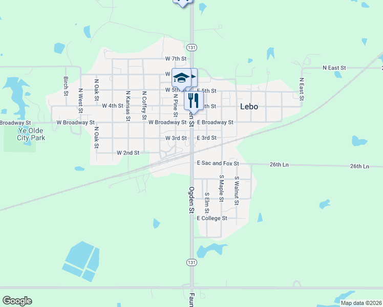map of restaurants, bars, coffee shops, grocery stores, and more near 4 South Ogden Street in Lebo