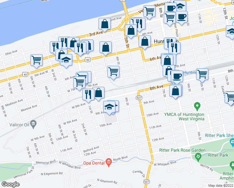 map of restaurants, bars, coffee shops, grocery stores, and more near 320 8th Avenue in Huntington