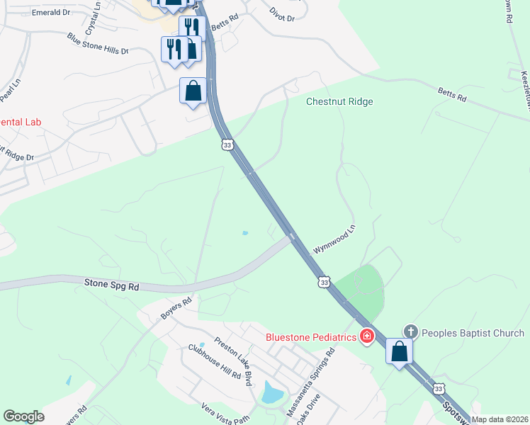 map of restaurants, bars, coffee shops, grocery stores, and more near 2914 Spotswood Trail in Harrisonburg