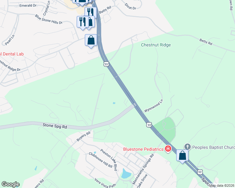 map of restaurants, bars, coffee shops, grocery stores, and more near 2830 Spotswood Trail in Harrisonburg