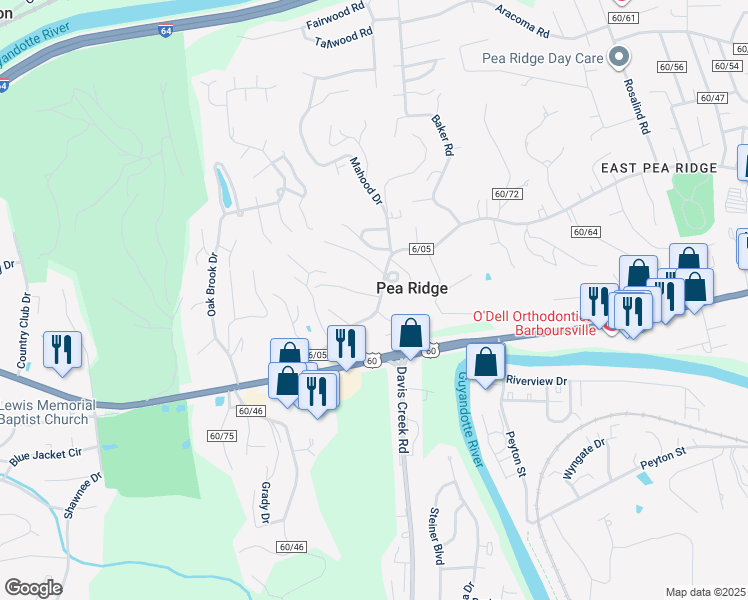 map of restaurants, bars, coffee shops, grocery stores, and more near 5826 East Pea Ridge Road in Huntington