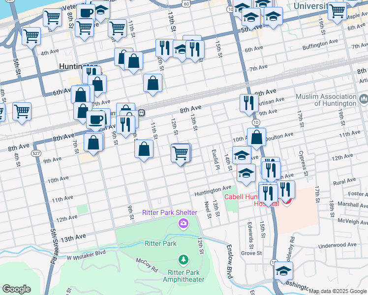map of restaurants, bars, coffee shops, grocery stores, and more near 925 Charles Court in Huntington