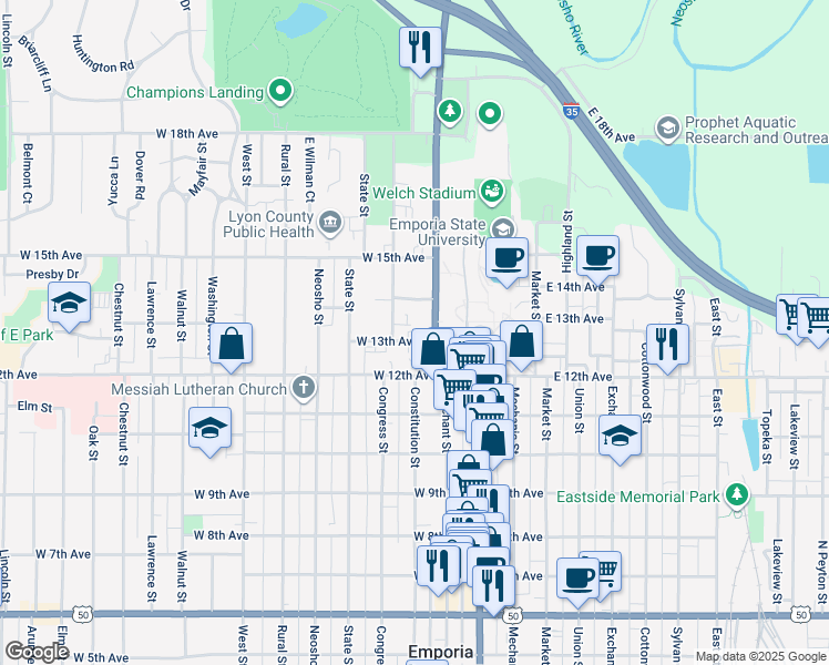 map of restaurants, bars, coffee shops, grocery stores, and more near 206 West 13th Avenue in Emporia