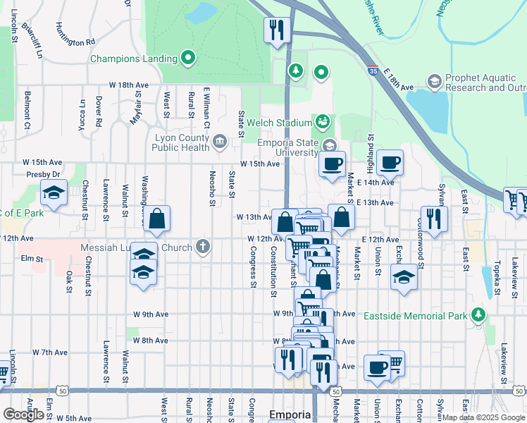 map of restaurants, bars, coffee shops, grocery stores, and more near 206 West 13th Avenue in Emporia