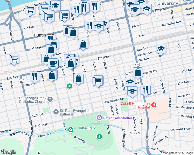 map of restaurants, bars, coffee shops, grocery stores, and more near 971 12th Street in Huntington