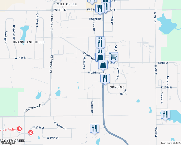 map of restaurants, bars, coffee shops, grocery stores, and more near West 28th Street in Jasper