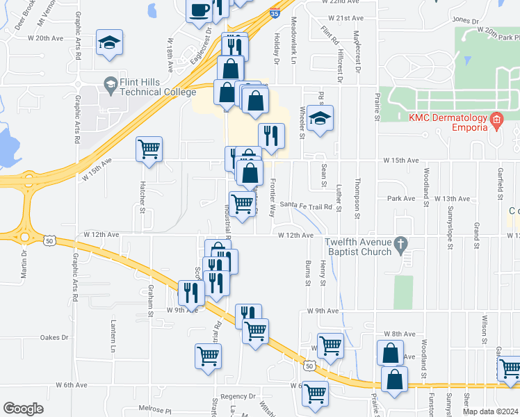 map of restaurants, bars, coffee shops, grocery stores, and more near 1302 Stanton Street in Emporia