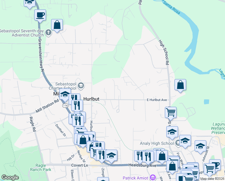 map of restaurants, bars, coffee shops, grocery stores, and more near 7380 East Hurlbut Avenue in Sebastopol